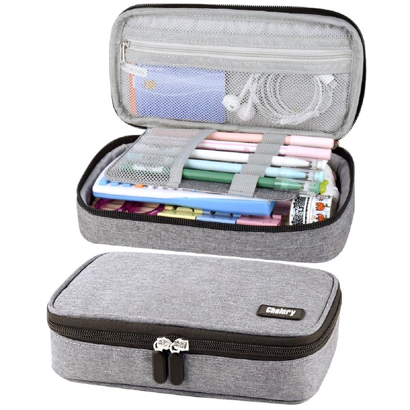 Chelory Big Pencil Case Large Capacity Pencil Bag Pouch High Storage Pen Marker Case Holder Multi Functional Office Stationery Organizer Makeup Cosmetic Bag Men Women, Gray - Image 1